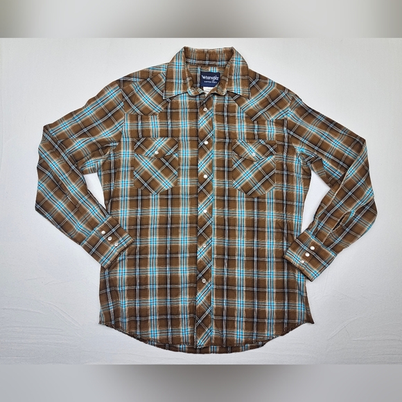 Wrangler Western Shirt Mens Pearl Snap M Brown Plaid Long Sleeve Cowboy Rodeo - Picture 1 of 8